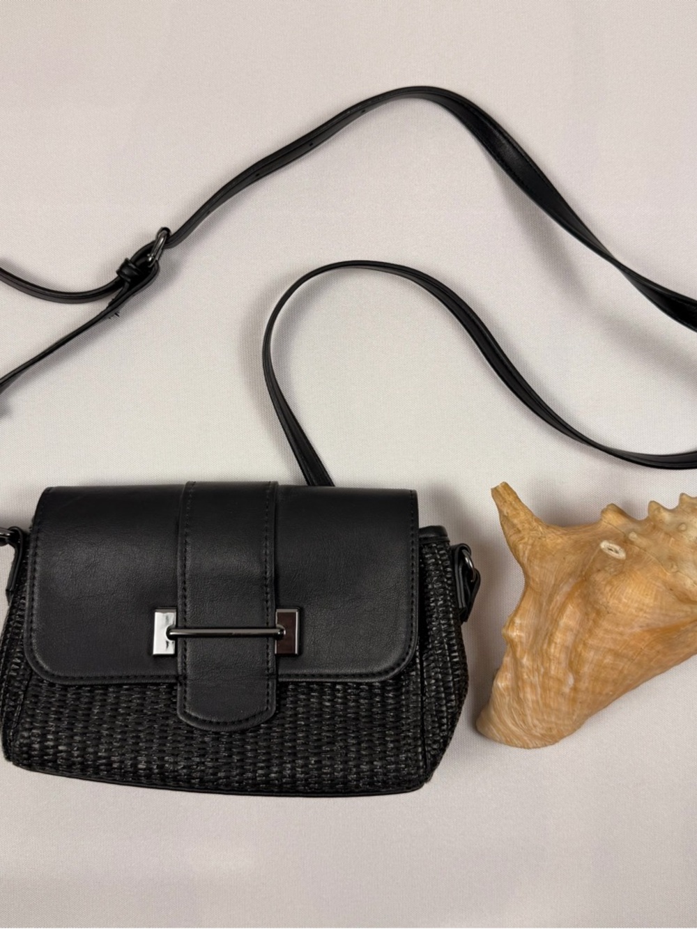 Vera Wang Black Woven Leather Crossbody with Silver Hardware